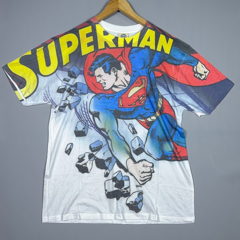 DC Comics Graphic T Shirt Mens Size Large All Over Print White Superman Comic